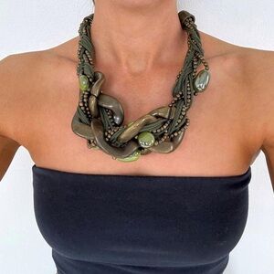Chunky Green Chain Link Braided Statement Necklace